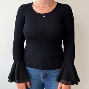 Neiman Marcus Cashmere Collection Bell Sleeve Black Silk Trim Sweater Large